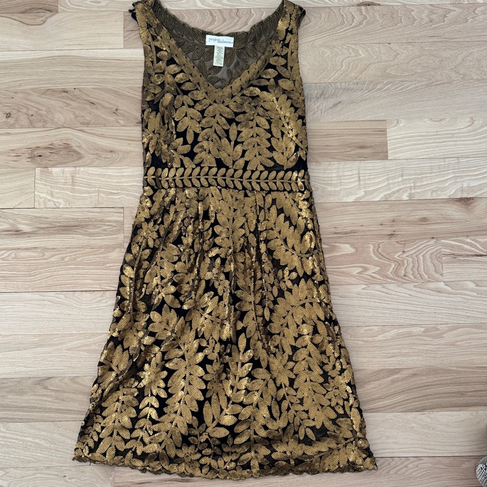Anthropologie Black and Gold Leaf Midi Dress